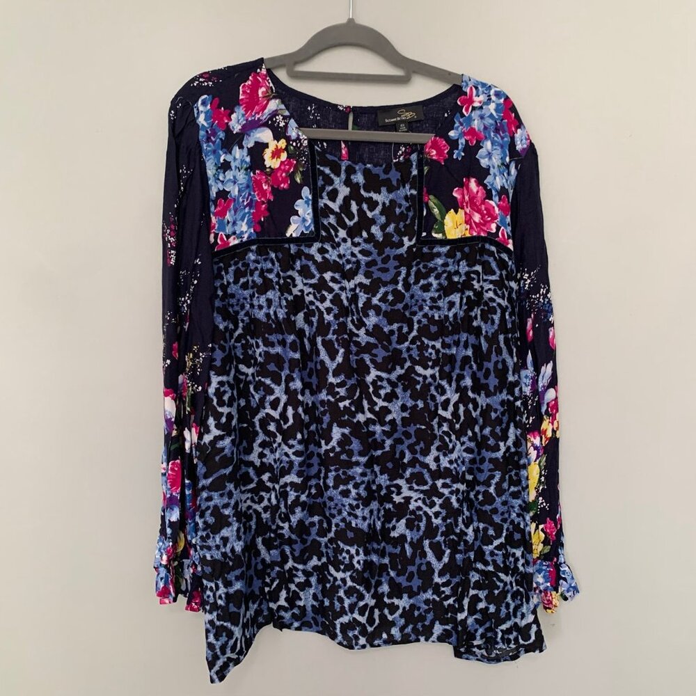 NEW Suzanne Betro Twin Print Tunic Women 4X‎ Blue Leopard Floral Mixed Print Top